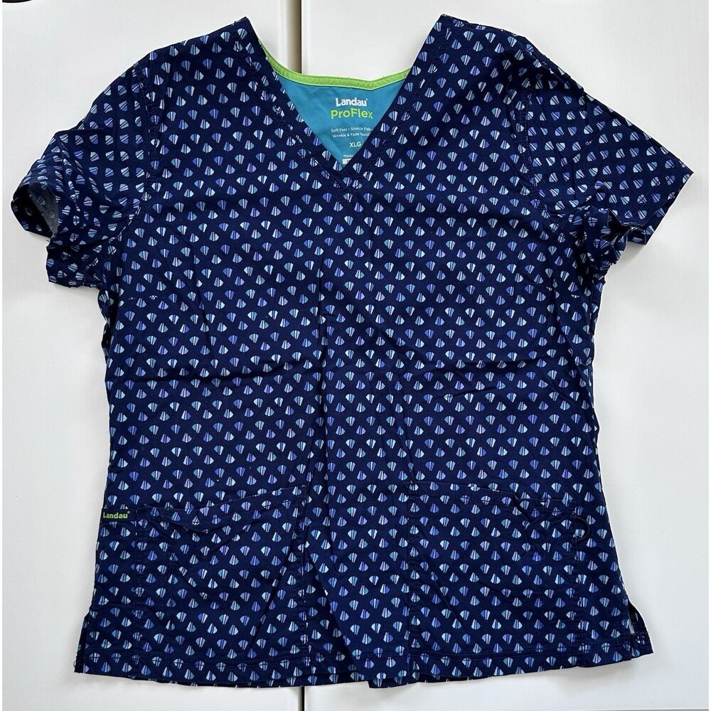 Landau ProFlex Scrub Top Women XLG Blue Geometric Stretch Medical